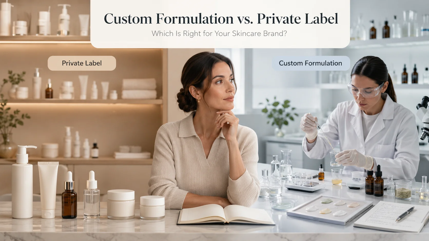 A comparison of private label and custom formulation skincare options, showcasing a woman in a stylish setting and a lab technician conducting experiments.